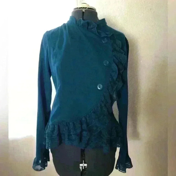 Forever 21 dark blue teal? ruffle edges and sleeves sweater Large - Picture 1 of 8
